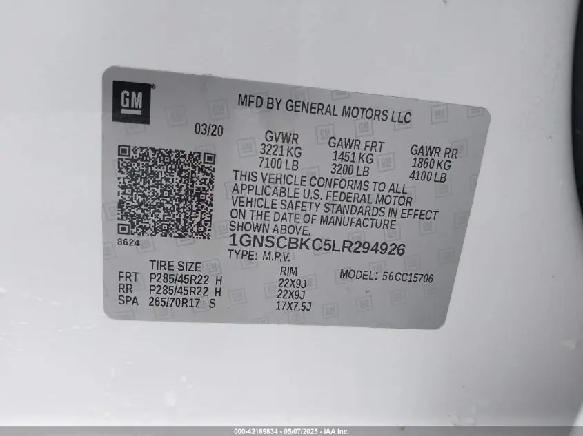 2020 CHEVROLET TAHOE 2WD LT