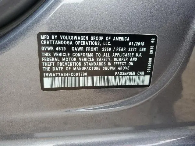 2015 VOLKSWAGEN PASSAT S