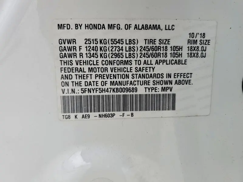 2019 HONDA PILOT EXL  
