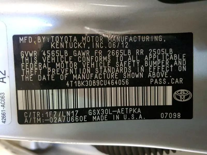 2012 TOYOTA AVALON BASE  