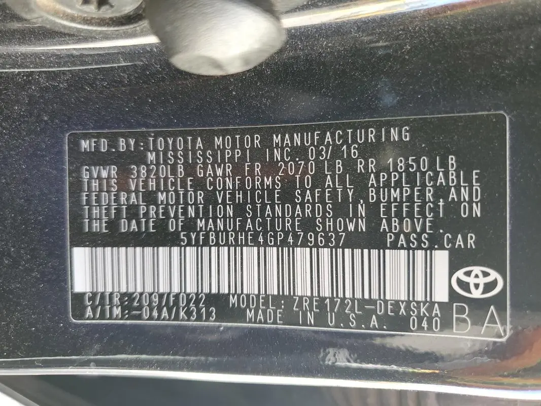 2016 TOYOTA COROLLA L  