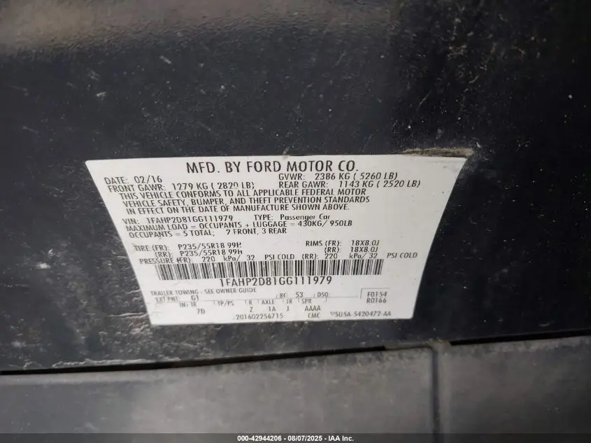 2016 FORD TAURUS SE