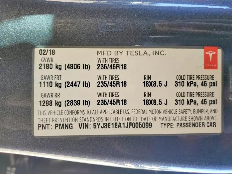 2018 TESLA MODEL 3   