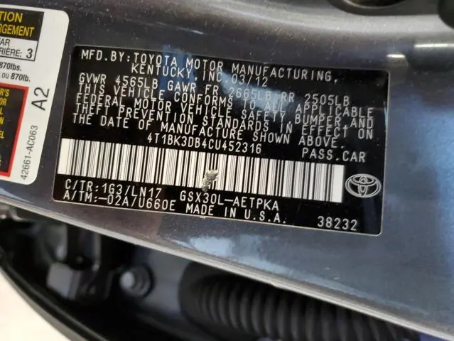 2012 TOYOTA AVALON BASE