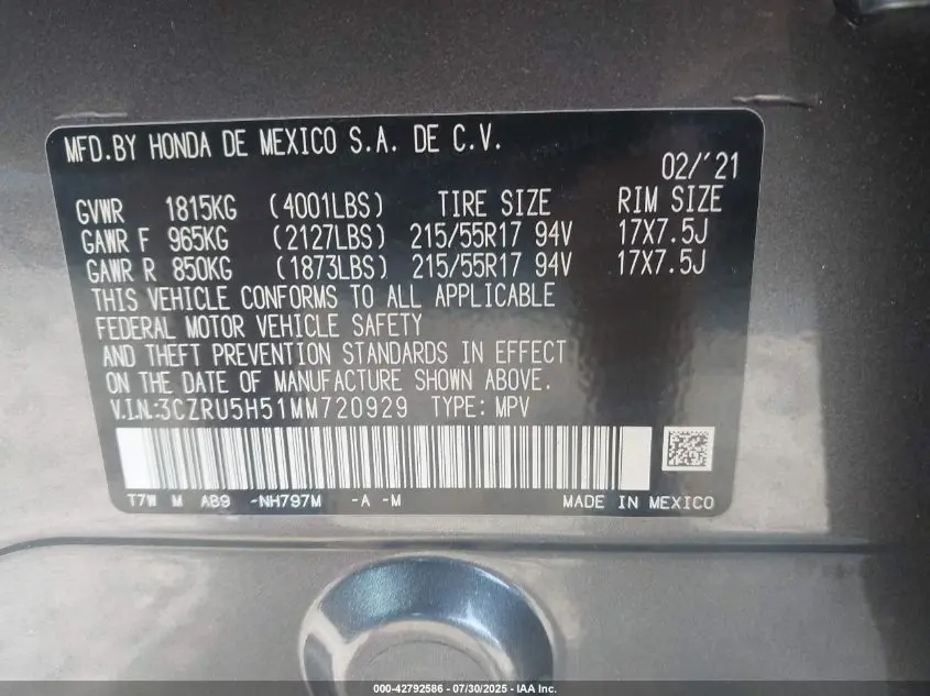 2021 HONDA HR-V 2WD EX