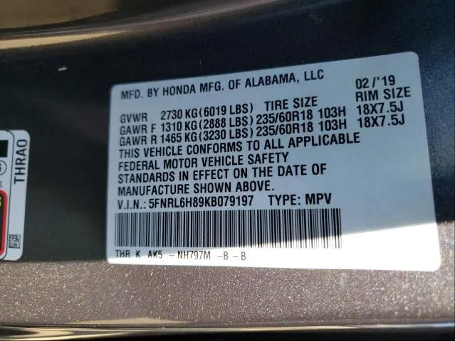 2019 HONDA ODYSSEY TOURING  