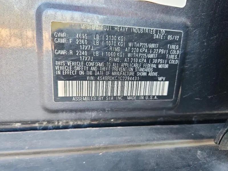 2012 SUBARU OUTBACK 3.6R LIMITED  