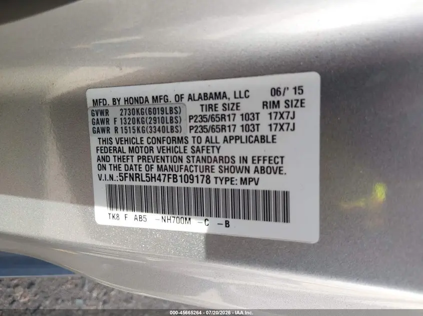 2015 HONDA ODYSSEY EX