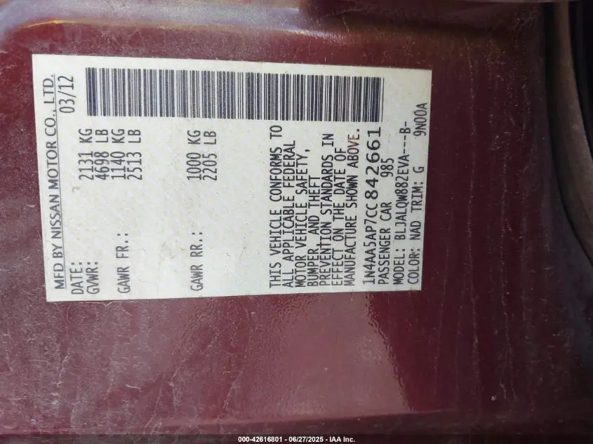 2012 NISSAN MAXIMA 3.5 S