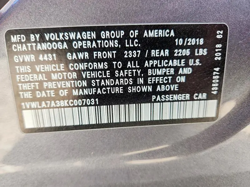 2019 VOLKSWAGEN PASSAT WOLFSBURG  