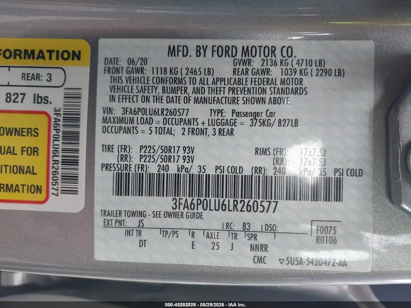 2020 FORD FUSION HYBRID SE