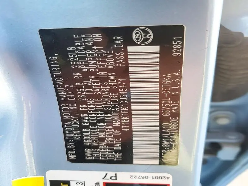 2012 TOYOTA CAMRY XLE V6  