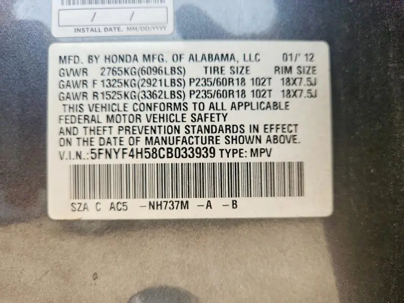 2012 HONDA PILOT EXL  