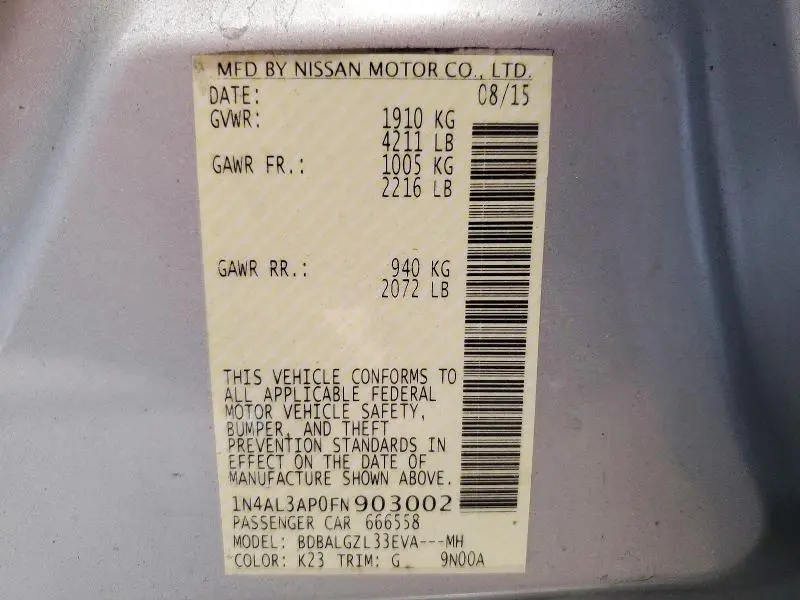 2015 NISSAN ALTIMA 2.5 S  