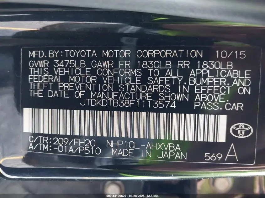 2015 TOYOTA PRIUS C ONE