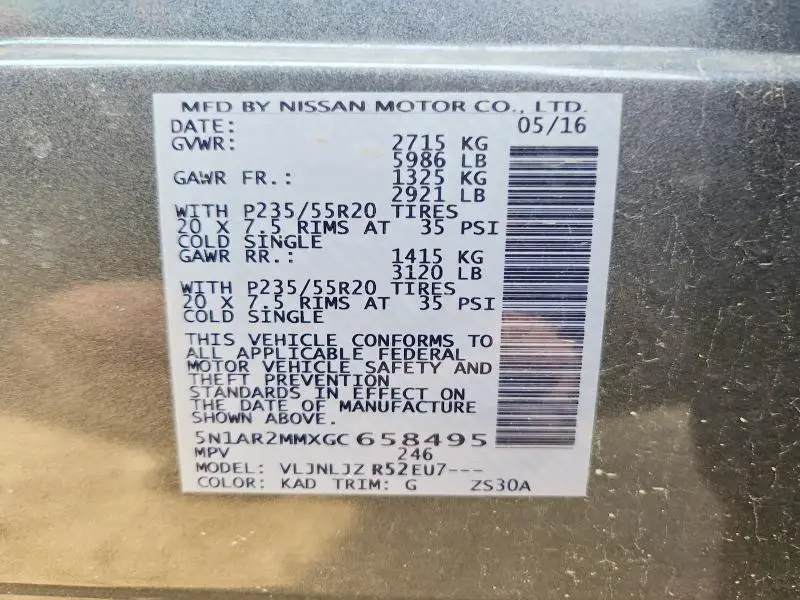 2016 NISSAN PATHFINDER PLATINUM  