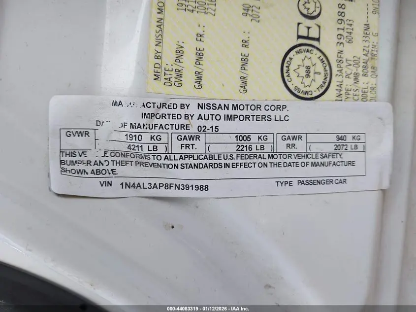 2015 NISSAN ALTIMA 2.5/2.5 S/2.5 SL/2.5 SV