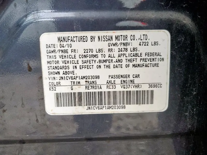 2010 INFINITI G37 BASE  