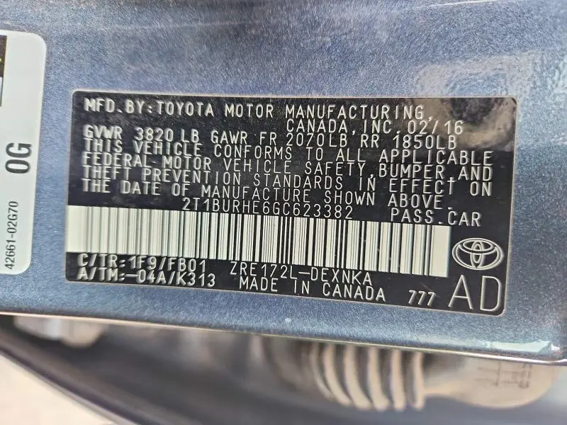 2016 TOYOTA COROLLA LE  