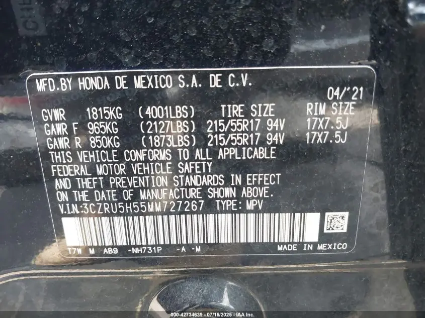 2021 HONDA HR-V 2WD EX
