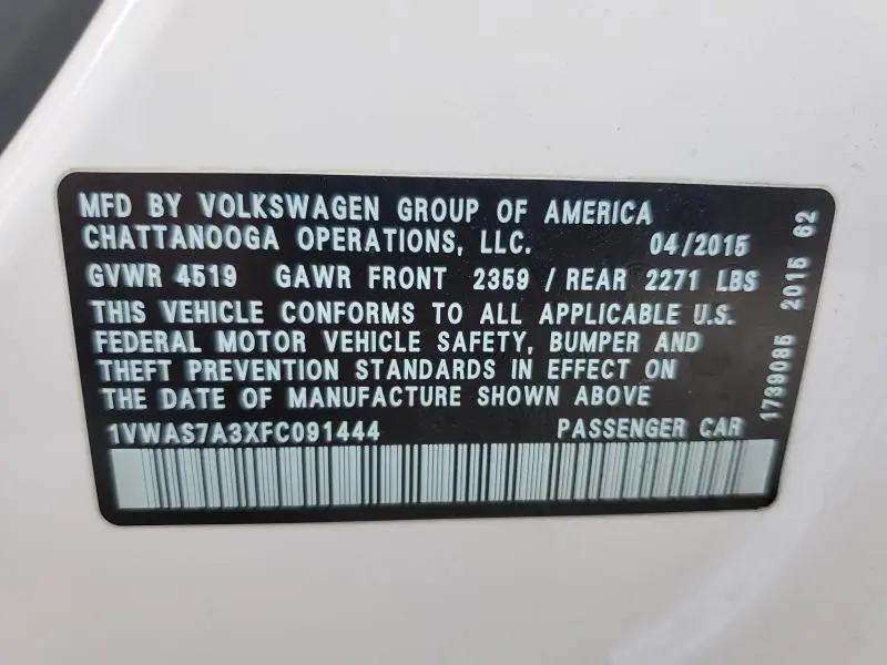 2015 VOLKSWAGEN PASSAT S  