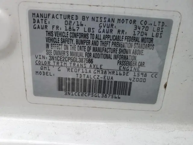 2016 NISSAN VERSA NOTE S  