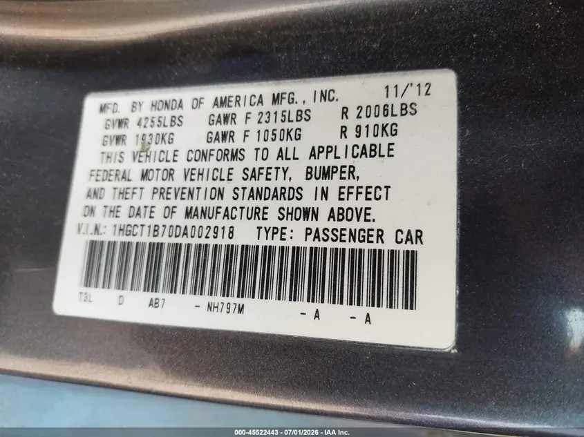 2013 HONDA ACCORD EX