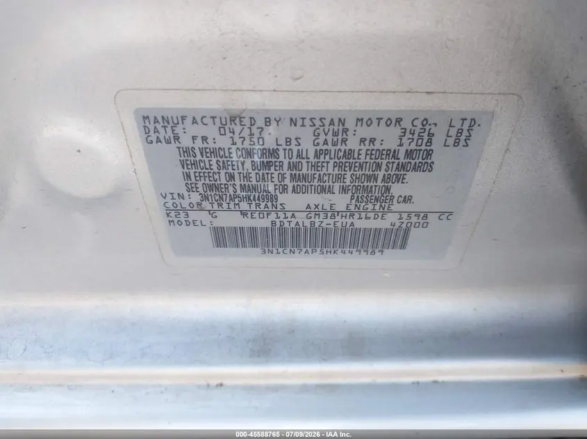 2017 NISSAN VERSA 1.6 SV