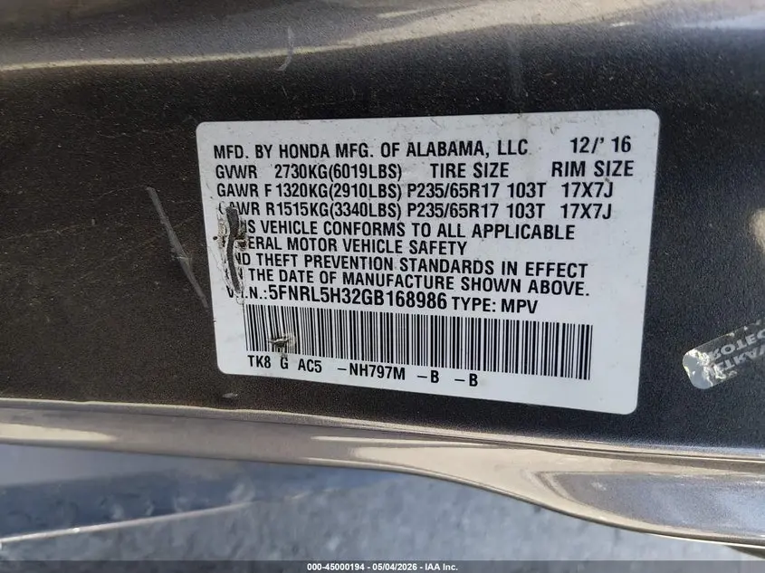 2016 HONDA ODYSSEY SE