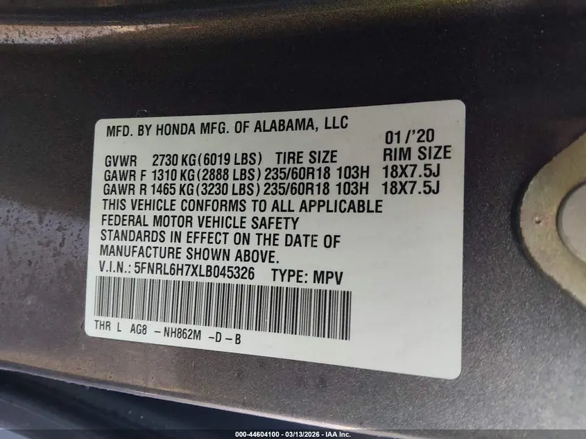 2020 HONDA ODYSSEY EX-L/EX-L W/NAVI   RES