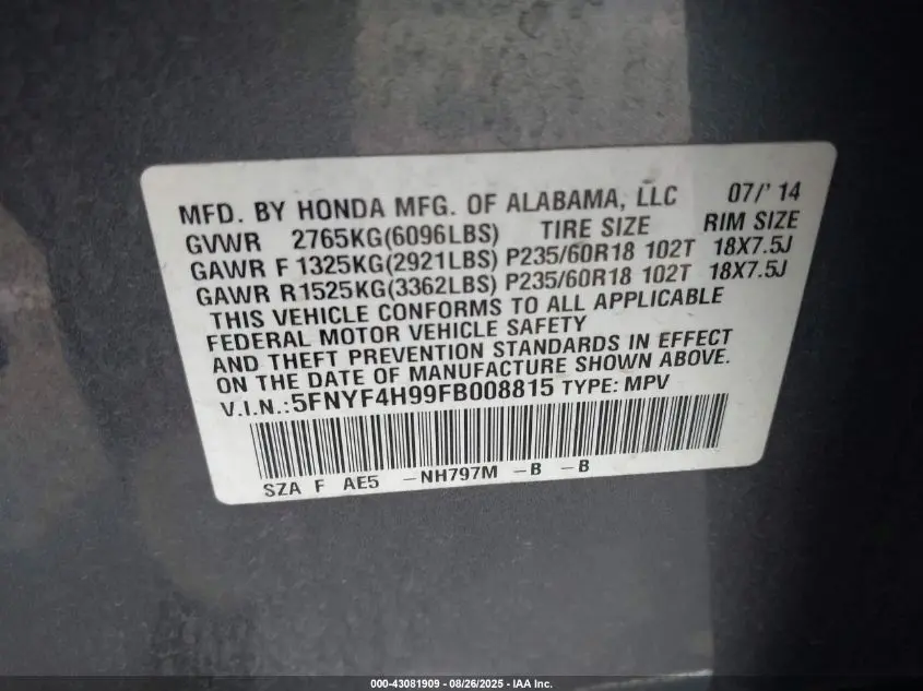 2015 HONDA PILOT TOURING