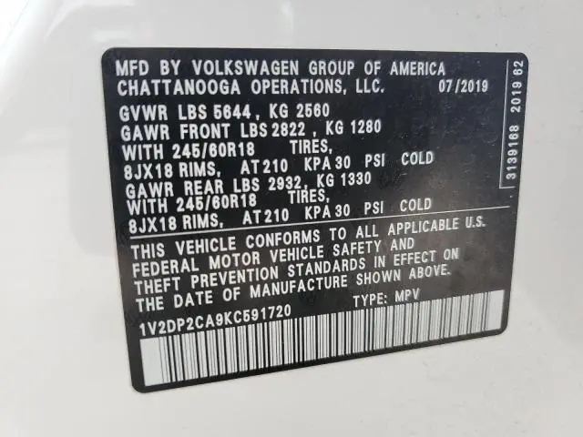 2019 VOLKSWAGEN ATLAS SE  