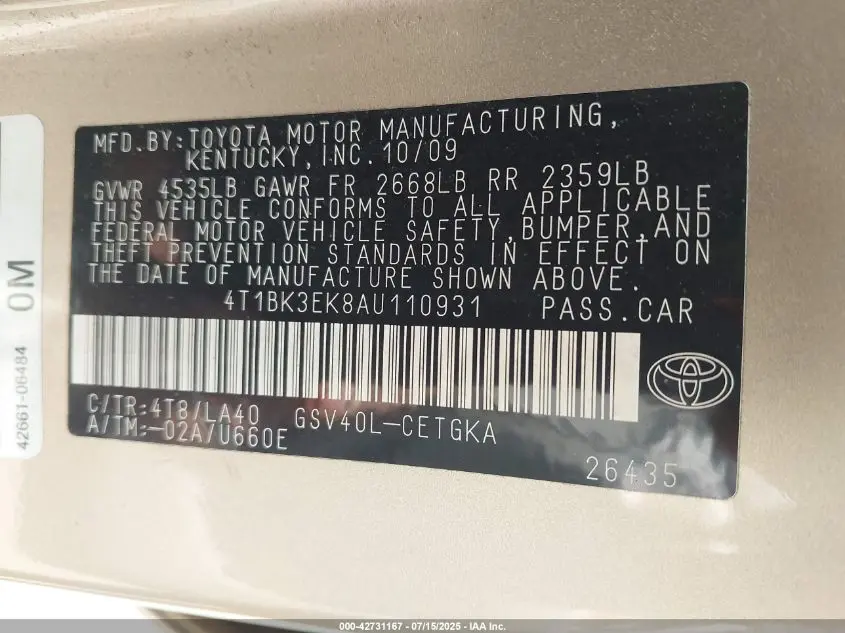 2010 TOYOTA CAMRY XLE V6