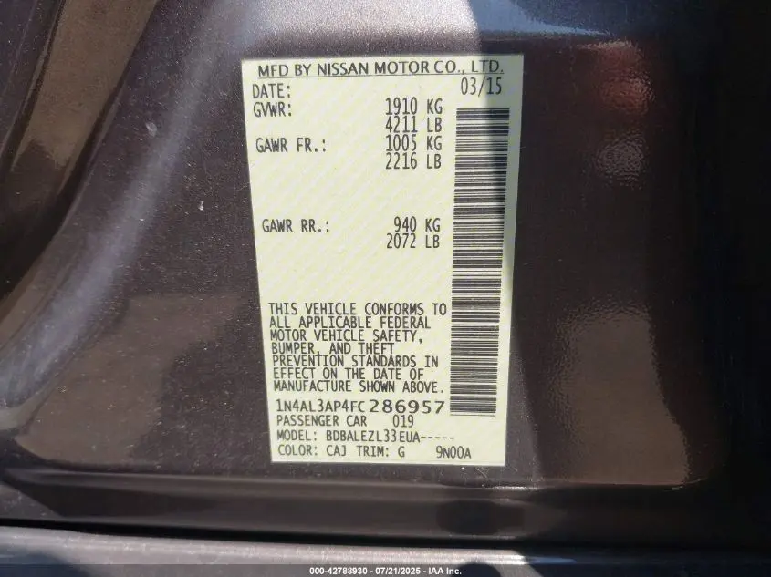 2015 NISSAN ALTIMA 2.5/2.5 S/2.5 SL/2.5 SV