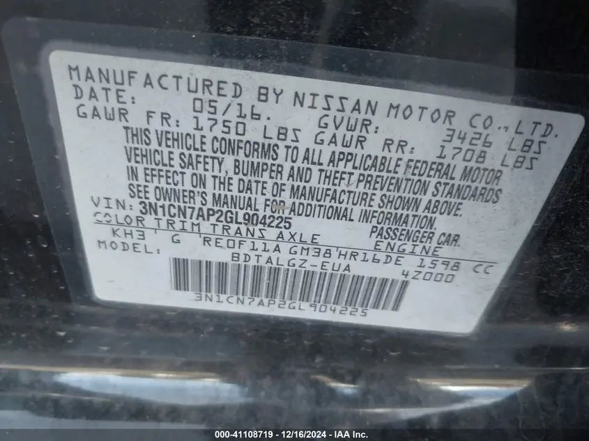 2016 NISSAN VERSA 1.6 SL