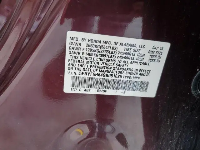 2016 HONDA PILOT EXL  