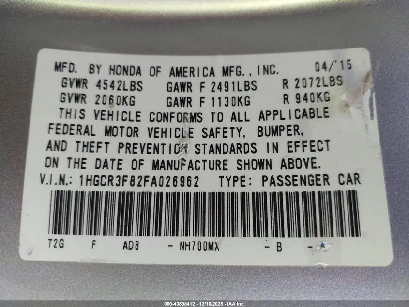 2015 HONDA ACCORD EX-L V-6