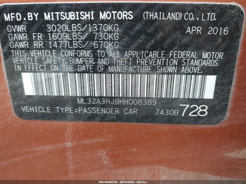 2017 MITSUBISHI MIRAGE ES