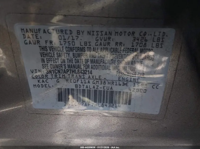 2017 NISSAN VERSA 1.6 S+