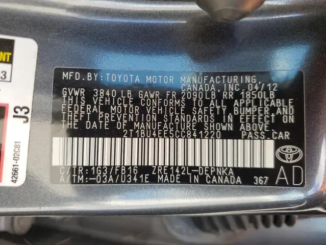 2012 TOYOTA COROLLA BASE  