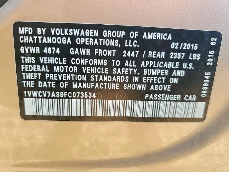 2015 VOLKSWAGEN PASSAT SEL  