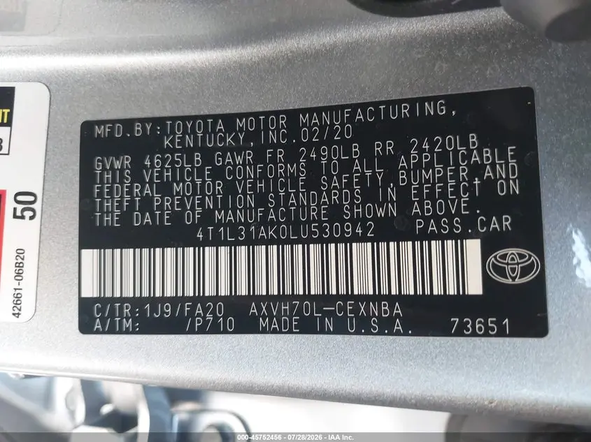 2020 TOYOTA CAMRY LE HYBRID