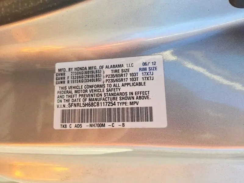 2012 HONDA ODYSSEY EXL  