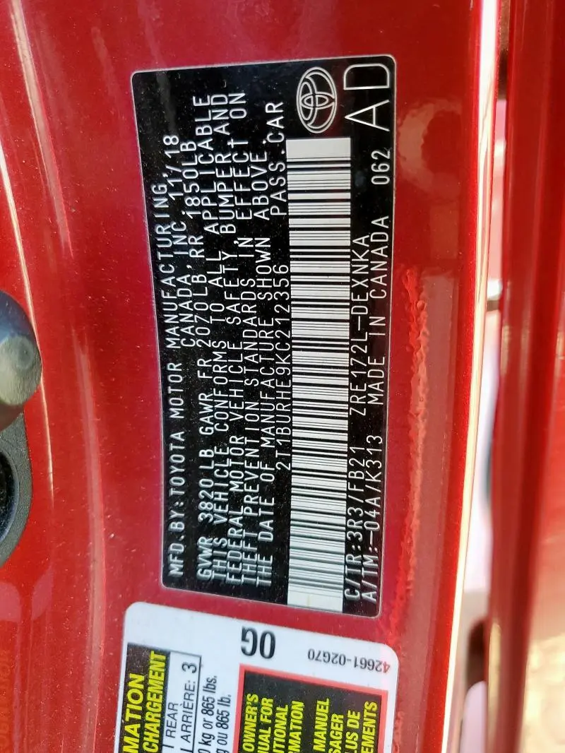 2019 TOYOTA COROLLA L  