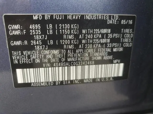 2016 SUBARU OUTBACK 2.5I LIMITED  