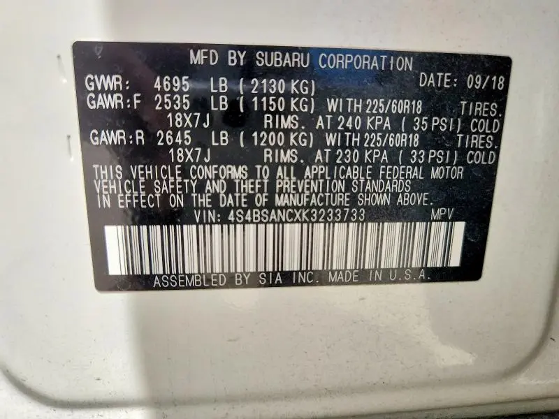 2019 SUBARU OUTBACK 2.5I LIMITED  