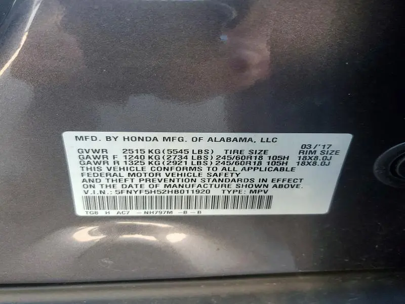 2017 HONDA PILOT EXL  