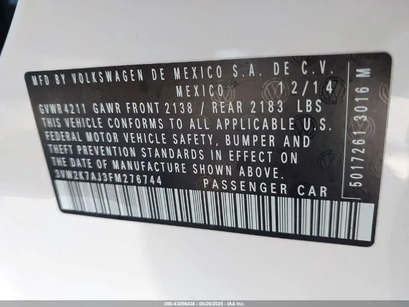 2015 VOLKSWAGEN JETTA 2.0L S