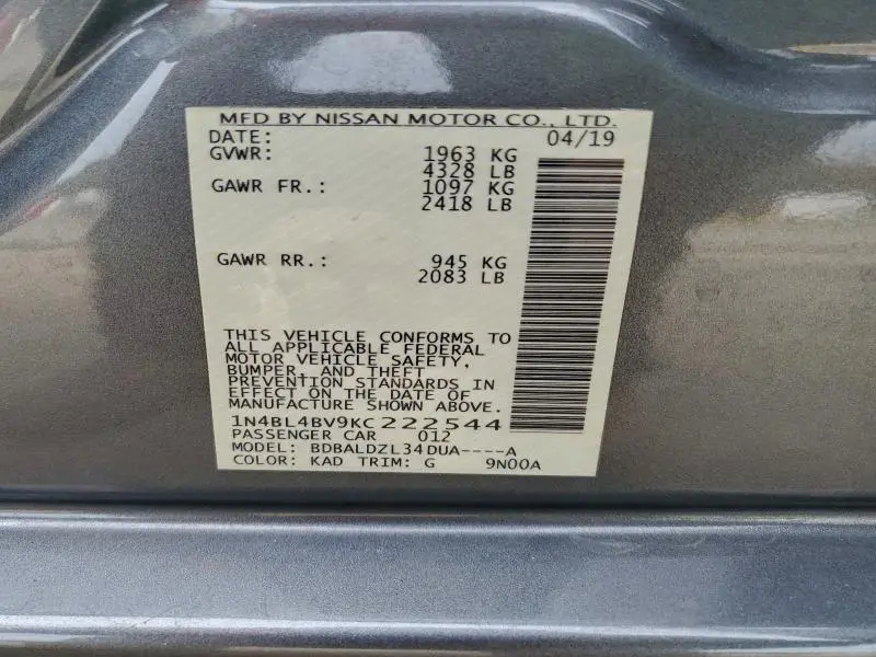 2019 NISSAN ALTIMA S  