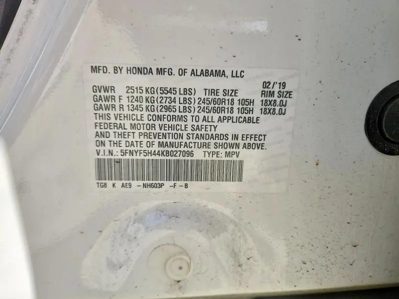 2019 HONDA PILOT EXL  